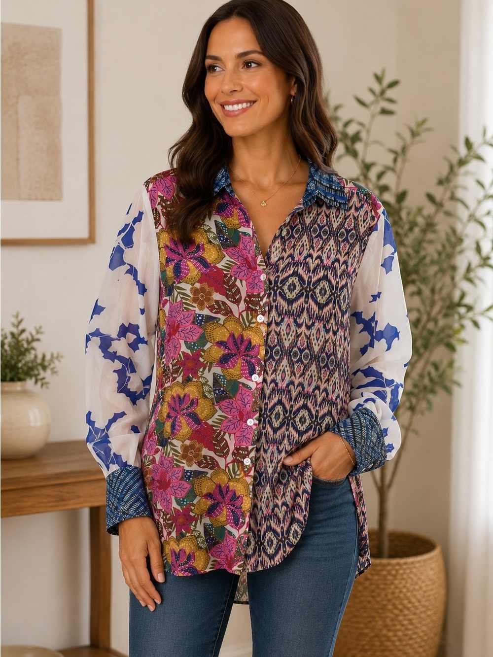 Rose & Olive Multicolor Mixed-Print Button-Up Blouse